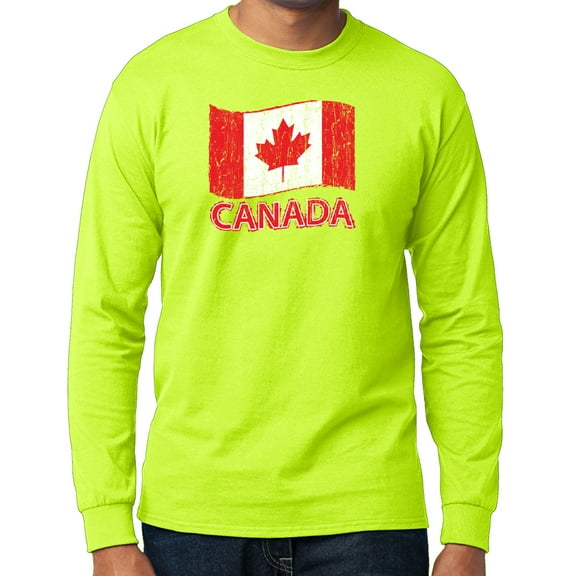 Men's Distressed Canada Flag Long Sleeve T-shirt - Safety Green, Small