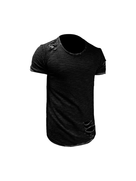 Men's Distressed Cut-Out Short Sleeve Tee, Crew Neck Slim Fit T-Shirt, Summer Casual Streetwear Top