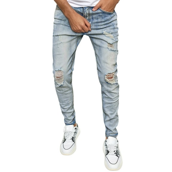 Men's Distressed Denim Jeans Straight Leg Ripped Casual Comfortable Stretch Washed Tapered Fit Streetwear Pants for Daily Wear