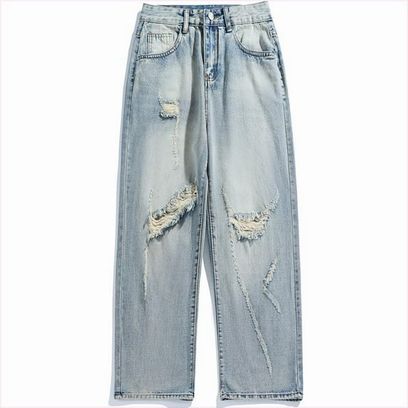 Men's Distressed Denim Jeans Straight Loose Fit Comfortable Casual Everyday Wear Spring Summer Fall Season