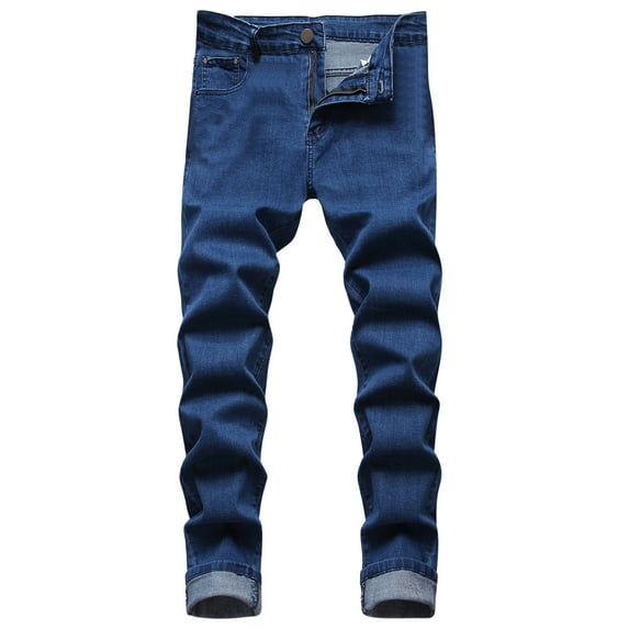 Men's Distressed Denim Pants Buckle Wash Jeans with Pockets Casual Straight Leg Trousers without Belt