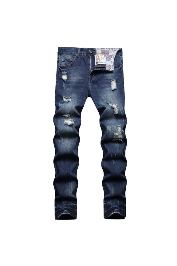 Men's Distressed Denim Pants Buckle Wash Jeans with Pockets Casual Straight Leg Trousers without Belt