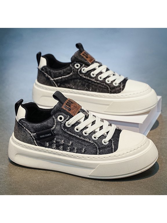 Men's Distressed Denim Platform Canvas Sneakers Non Slip Thick Sole Lace Up Retro Daily Walking Casual Shoes