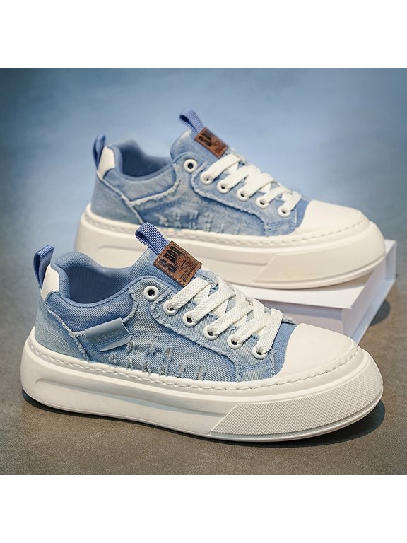 Men's Distressed Denim Platform Canvas Sneakers Non Slip Thick Sole Lace Up Retro Daily Walking Casual Shoes