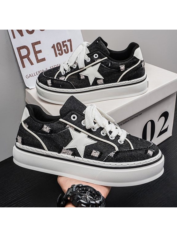 Men's Distressed Denim Star Platform Canvas Shoes Non Slip Thick Sole Lace Up Retro Street Walking Sneakers