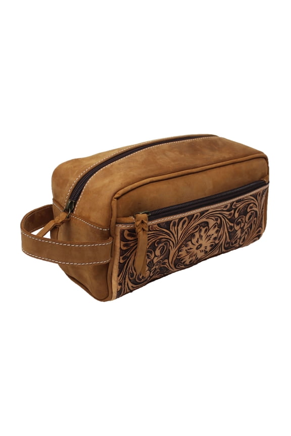 Men's Distressed Floral Tooled Leather Travel Toiletry Dopp Kit Bag 18RTT01