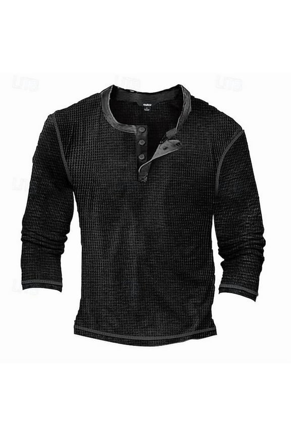 Men's Distressed Henley Shirts Vintage Long Sleeve T-Shirts Washed Casual V-Neck Button Tee Shirts Black XL