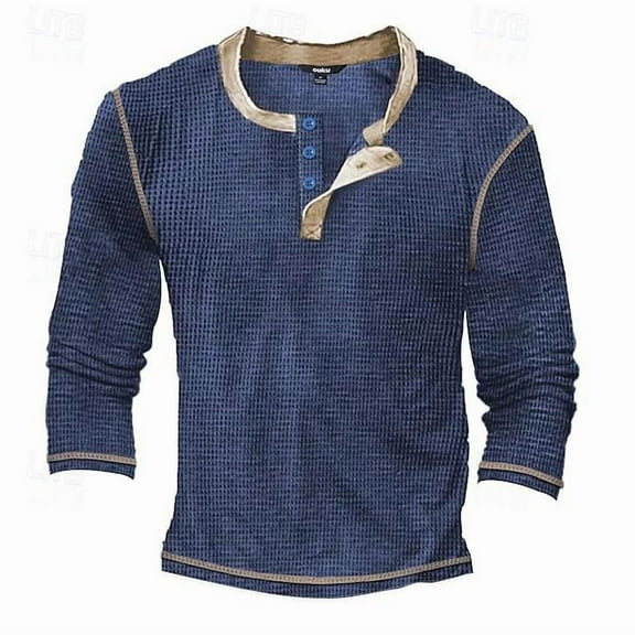 Men's Distressed Henley Shirts Vintage Long Sleeve T-Shirts Washed Casual V-Neck Button Tee Shirts Blue 3XL