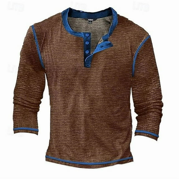 Men's Distressed Henley Shirts Vintage Long Sleeve T-Shirts Washed Casual V-Neck Button Tee Shirts Brown M