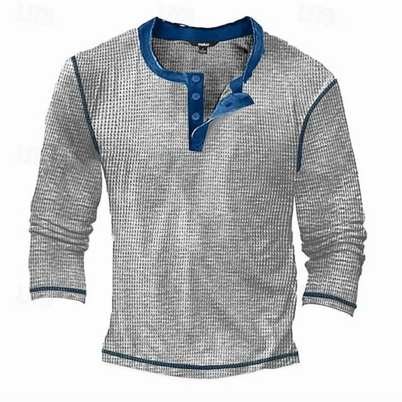 Men's Distressed Henley Shirts Vintage Long Sleeve T-Shirts Washed Casual V-Neck Button Tee Shirts Gray XL