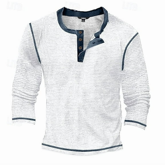 Men's Distressed Henley Shirts Vintage Long Sleeve T-Shirts Washed Casual V-Neck Button Tee Shirts White L