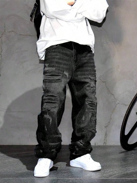 Men's Distressed Patch Wide Leg Jeans, Vintage American Streetwear Relaxed Straight Loose Fit Trousers, Casual Hip Hop Daily Outfit