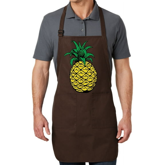 Men's Distressed Pineapple Full-Length Apron with Pockets - Coffee Bean Brown