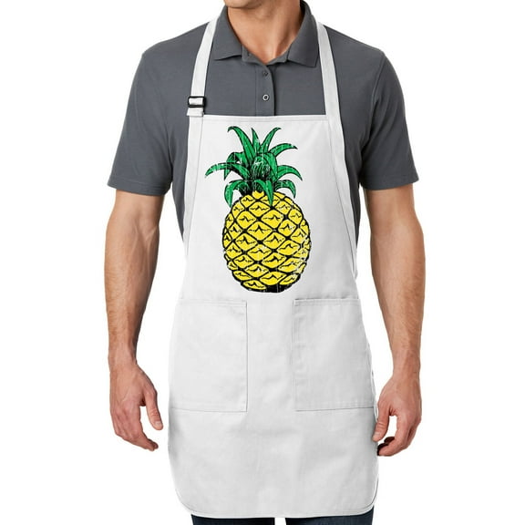 Men's Distressed Pineapple Full-Length Apron with Pockets - White