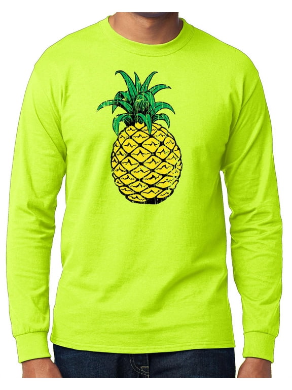 Men's Distressed Pineapple High Visibility Long Sleeve T-shirt - Safety Green, 4XL