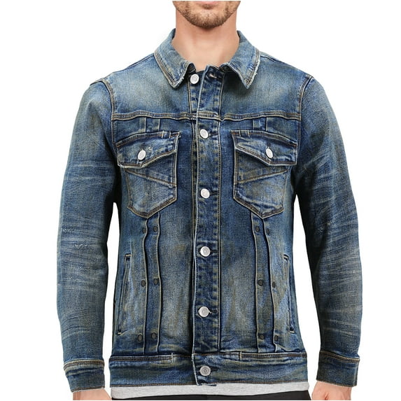 Men's Distressed Ripped Faded Wash Worn Button Up Denim Jean Trucker Jacket (Garland, 3XL)