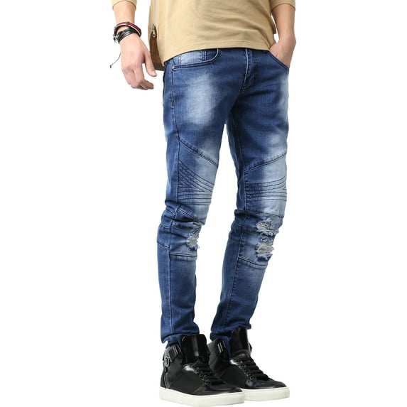 Men's Distressed Ripped Slim Fit Stretch Denim Biker Jeans