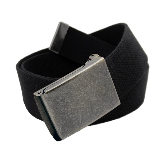 Men's Distressed Silver Flip Top Military Belt Buckle with Canvas Web Belt Large Black
