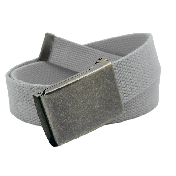Men's Distressed Silver Flip Top Military Belt Buckle with Canvas Web Belt Large Gray