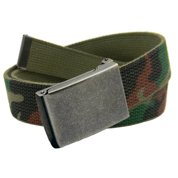 Men's Distressed Silver Flip Top Military Belt Buckle with Canvas Web Belt Medium Army Camo