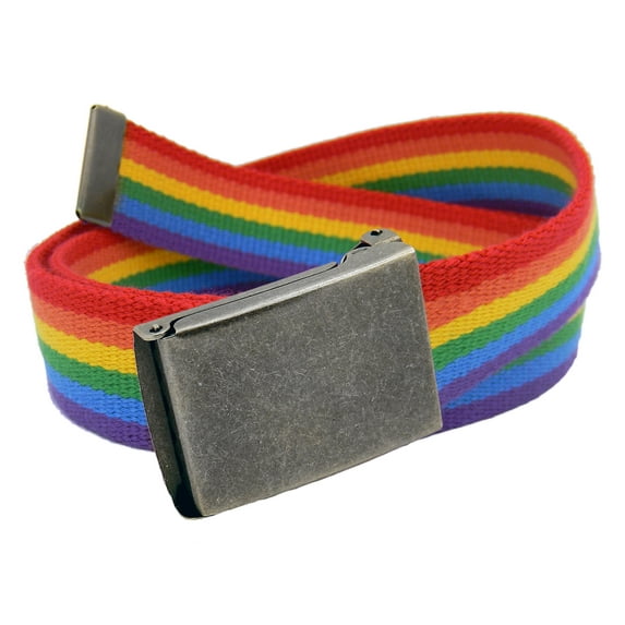 Men's Distressed Silver Flip Top Military Belt Buckle with Canvas Web Belt Small Rainbow