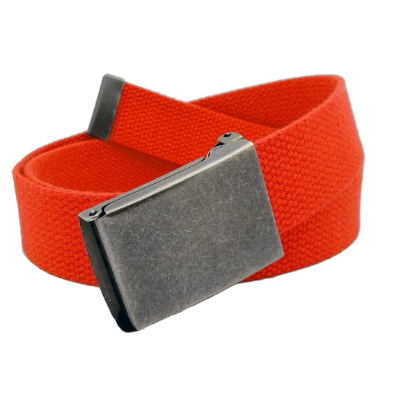 Men's Distressed Silver Flip Top Military Belt Buckle with Canvas Web Belt Small Red