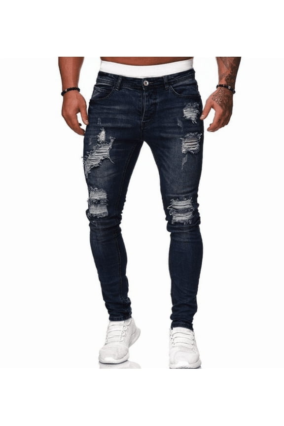 Mens Distressed Skinny Fit Ripped Denim Jeans, Dark Wash, Large