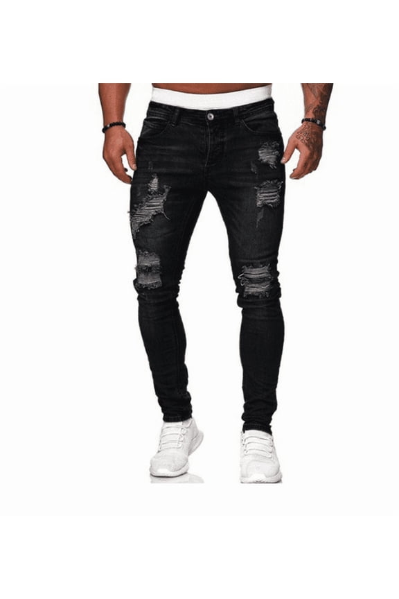 Mens Distressed Skinny Fit Ripped Denim Jeans, Deep Wash, XLarge