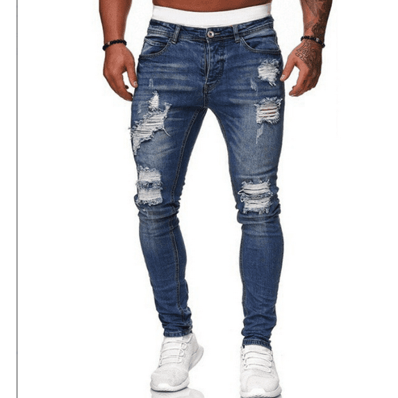 Men’s Distressed Skinny Fit Ripped Denim Jeans, Medium Wash, Small
