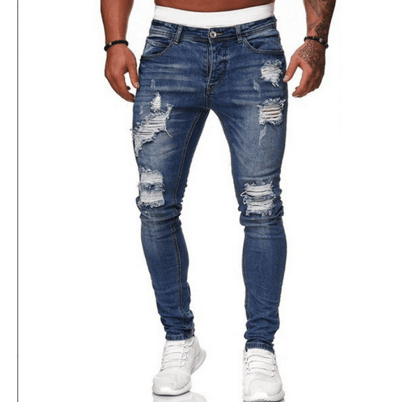 Mens Distressed Skinny Fit Ripped Denim Jeans, Medium Wash, Small