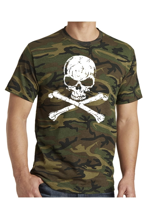 Men's Distressed White Biker Skull Logo Tee Shirt - Military Camo, Small