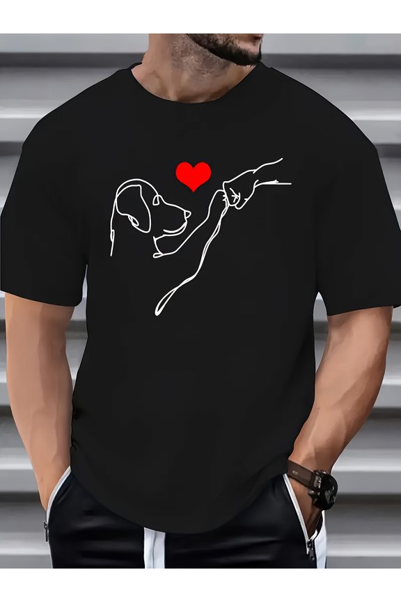 Men's Dog and Heart Pattern T-Shirt, Casual Short Sleeve Round Neck T-Shirt