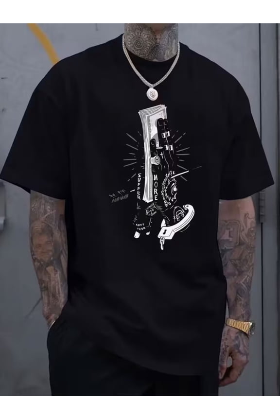 Men's Dollar Print T-Shirt with Currency - Short Sleeve Round Neck Casual Summer Tee, Breathable for Casual Attire & Vacation Outfits (Machine Washable Dollar Sign Shirt)