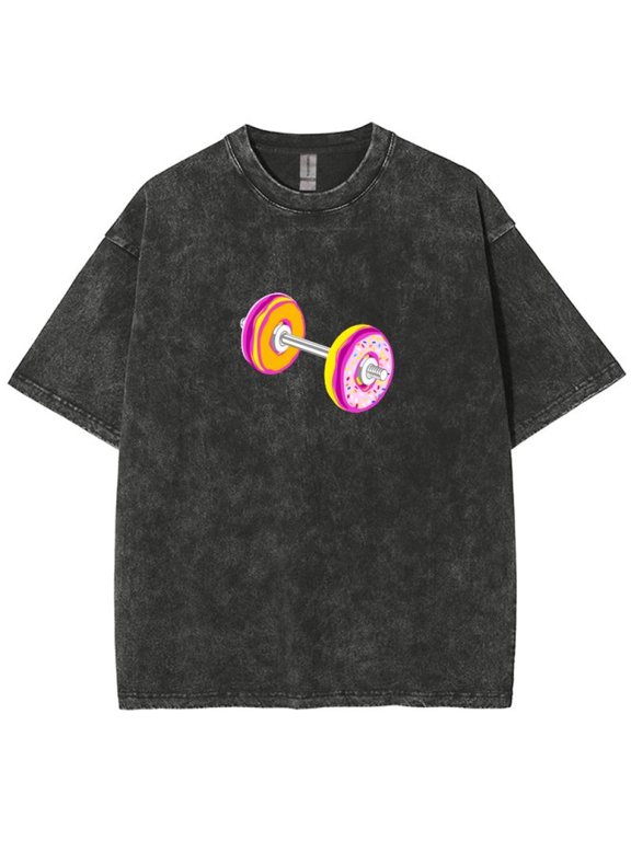 Men's Donut Barbell Funny Gym Tee - Vintage Acid Wash Weightlifting T-Shirt