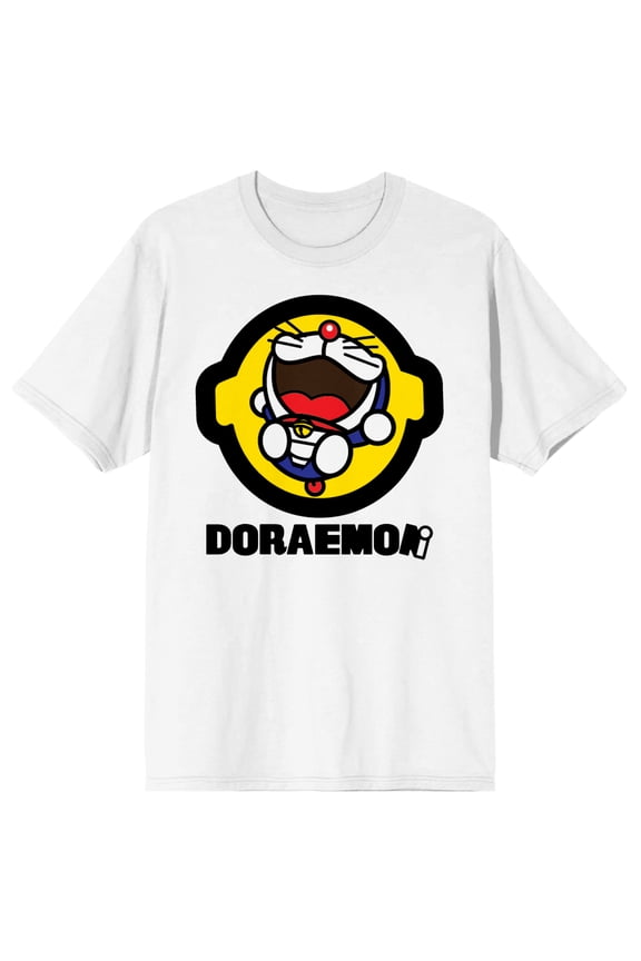 Doraemon laughing on Yellow circlular frame background and logo on White Short Sleeve Adult T-Shirt-6XL