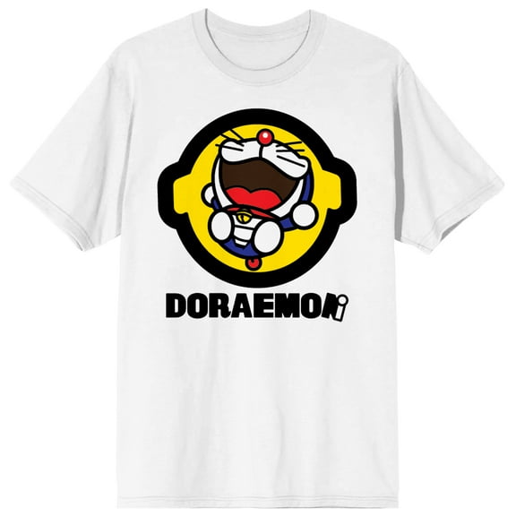 Doraemon laughing on Yellow circlular frame background and logo on White Short Sleeve Adult T-Shirt-Large