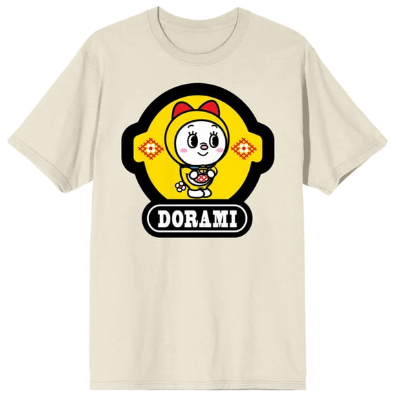 Doraemon Dorami Standing Pose on Yellow circlular frame Dorami Logo on natural Short Sleeve Adult T-Shirt-3XL
