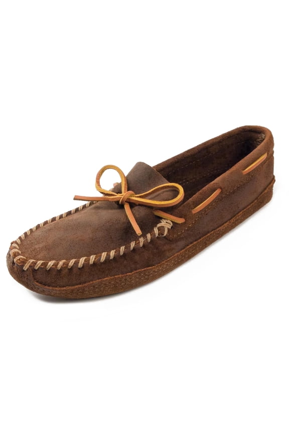 Men's Suede Moccasin Slippers, Double Bottom Soft Leather Sole Slip-on, Brown Ruff 8.5 M