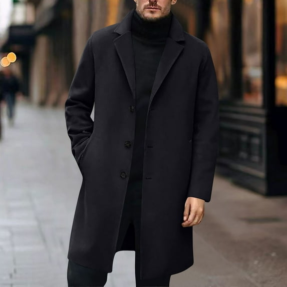 Men's Winter Outerwear Trench Coat Solid Color Mid Length Long Sleeve Lapel Collar Button Front Pockets