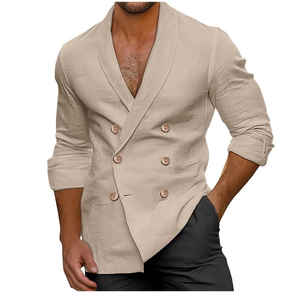 Men's Double-Breasted Dress Shirts, Shawl Collar V Neck Long Sleeve Solid Color Business Work Shirts