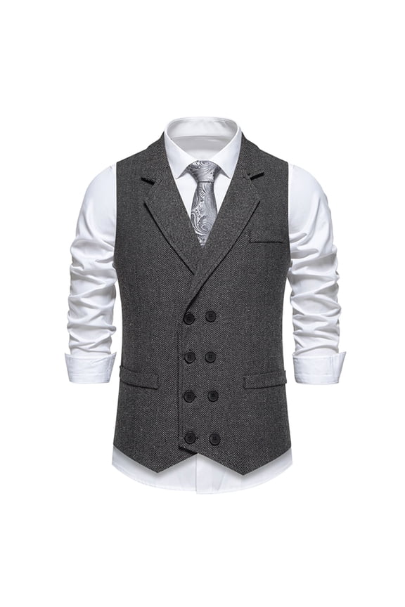 Men's Double-Breasted Herringbone Tweed Business Suit Vest - Vintage Wool Blend Groomsmen Prom Waistcoat