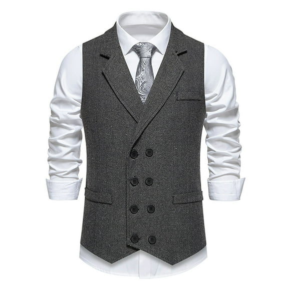 Men's Double-Breasted Herringbone Tweed Business Suit Vest - Vintage Wool Blend Groomsmen Prom Waistcoat