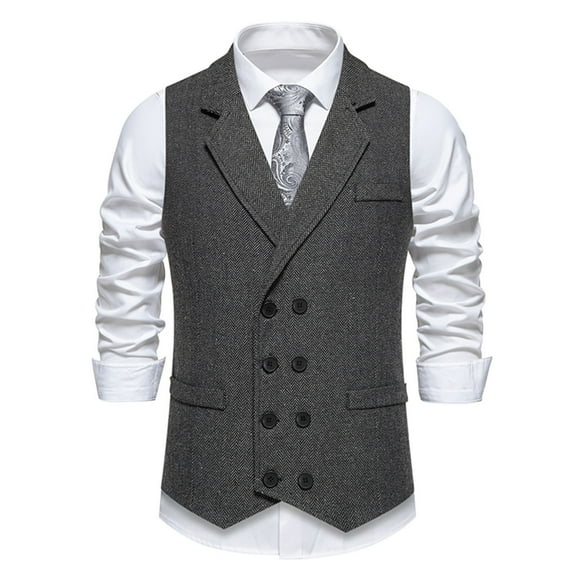 Men's Double-Breasted Herringbone Tweed Business Suit Vest - Vintage Wool Blend Groomsmen Prom Waistcoat