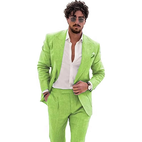 Men's Double Breasted Linen Suit 2 Piece Linen Suits Slim Fit Wedding Beach Casual Summer Linen Blazer Pants Suit Green S