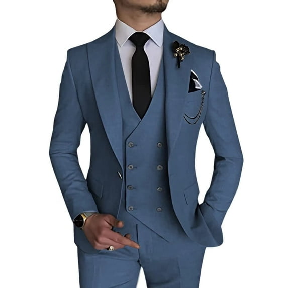 Men's Double Breasted Linen Suit 3 Piece Linen Suits Slim Fit Wedding Beach Casual Summer Linen Blazer Pants Suit Dusty Blue S