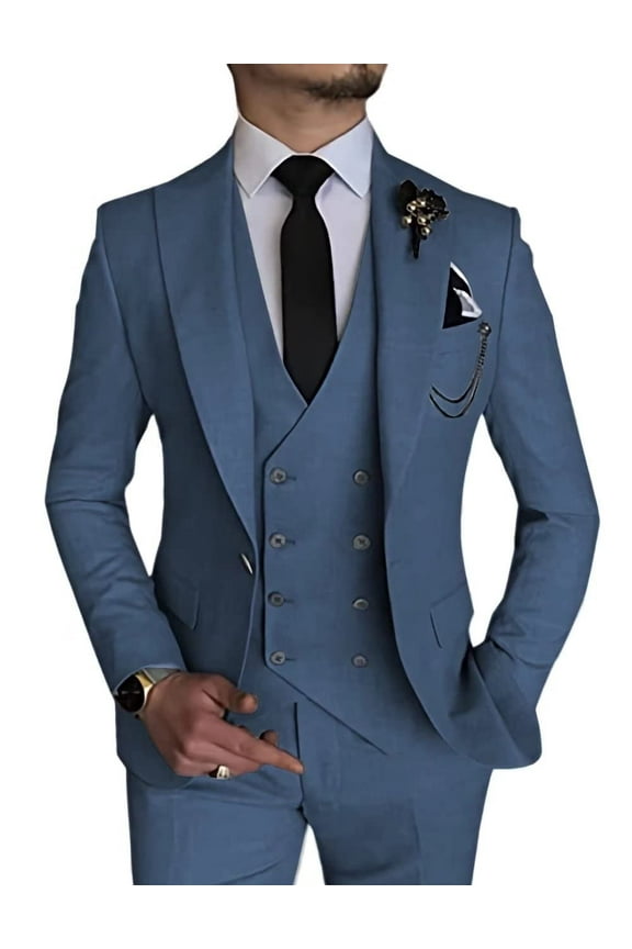Men's Double Breasted Linen Suit 3 Piece Linen Suits Slim Fit Wedding Beach Casual Summer Linen Blazer Pants Suit Dusty Blue S