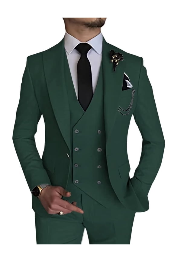Men's Double Breasted Linen Suit 3 Piece Linen Suits Slim Fit Wedding Beach Casual Summer Linen Blazer Pants Suit Hunt Green S