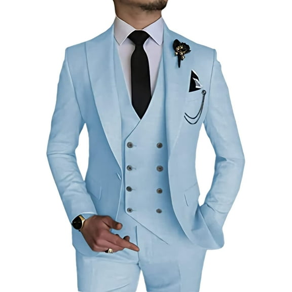 Men's Double Breasted Linen Suit 3 Piece Linen Suits Slim Fit Wedding Beach Casual Summer Linen Blazer Pants Suit Light Blue S