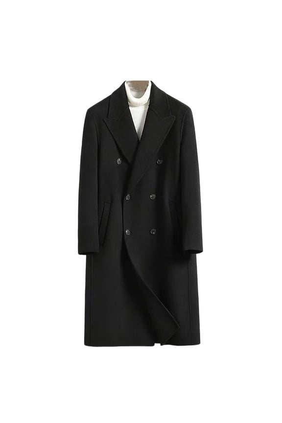 Men's Double Breasted Long Peacoat Dress Casual Classic Long-Sleeve Lapel Trench Overcoat Jacket Black 3XL