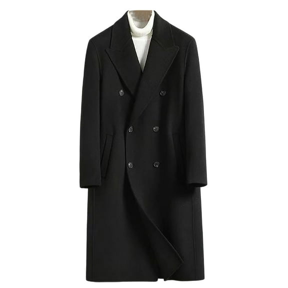 Men's Double Breasted Long Peacoat Dress Casual Classic Long-Sleeve Lapel Trench Overcoat Jacket Black M